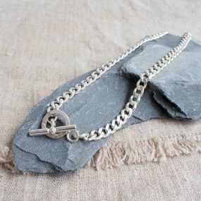 Silver Curb Chain Necklace With T-bar Clasp