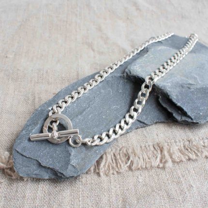 Silver Curb Chain Necklace with T-bar Clasp