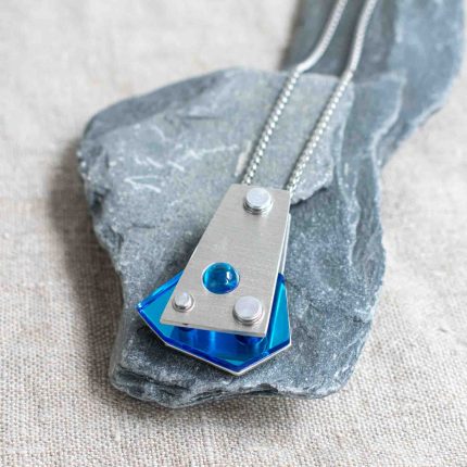 Bright Blue Mirrored Acrylic and Pewter Pendant - Image 2