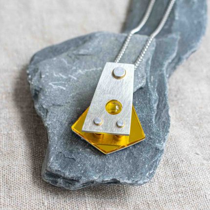 Yellow Mirrored Acrylic and Pewter Pendant - Image 2