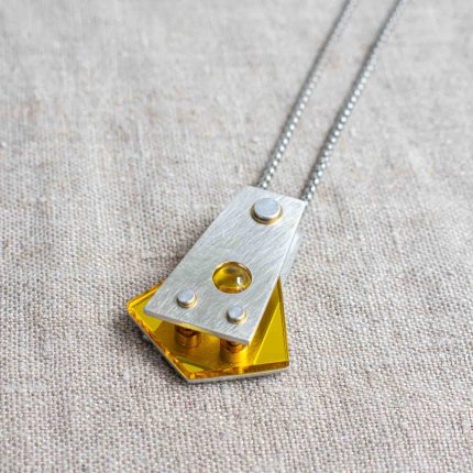 Yellow Mirrored Acrylic and Pewter Pendant - Image 3