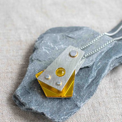 Yellow Mirrored Acrylic and Pewter Pendant