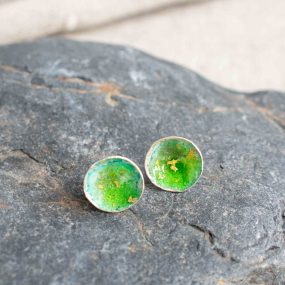 Silver & Green Enamel Studs With Gold Leaf