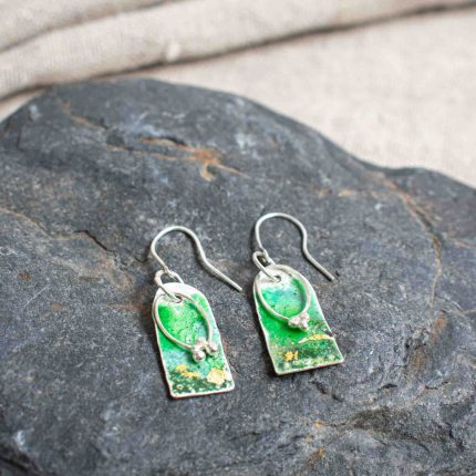 Silver & Enamel Green Arch Drop Earrings - Image 2