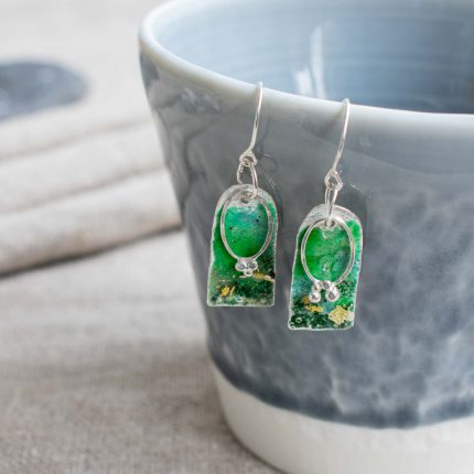 Silver & Enamel Green Arch Drop Earrings