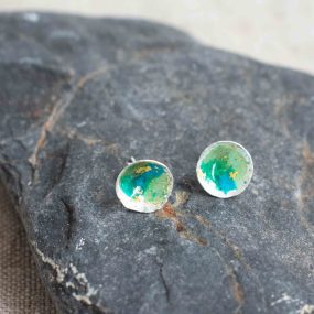 Silver & Blue Green Enamel Studs With Gold Leaf