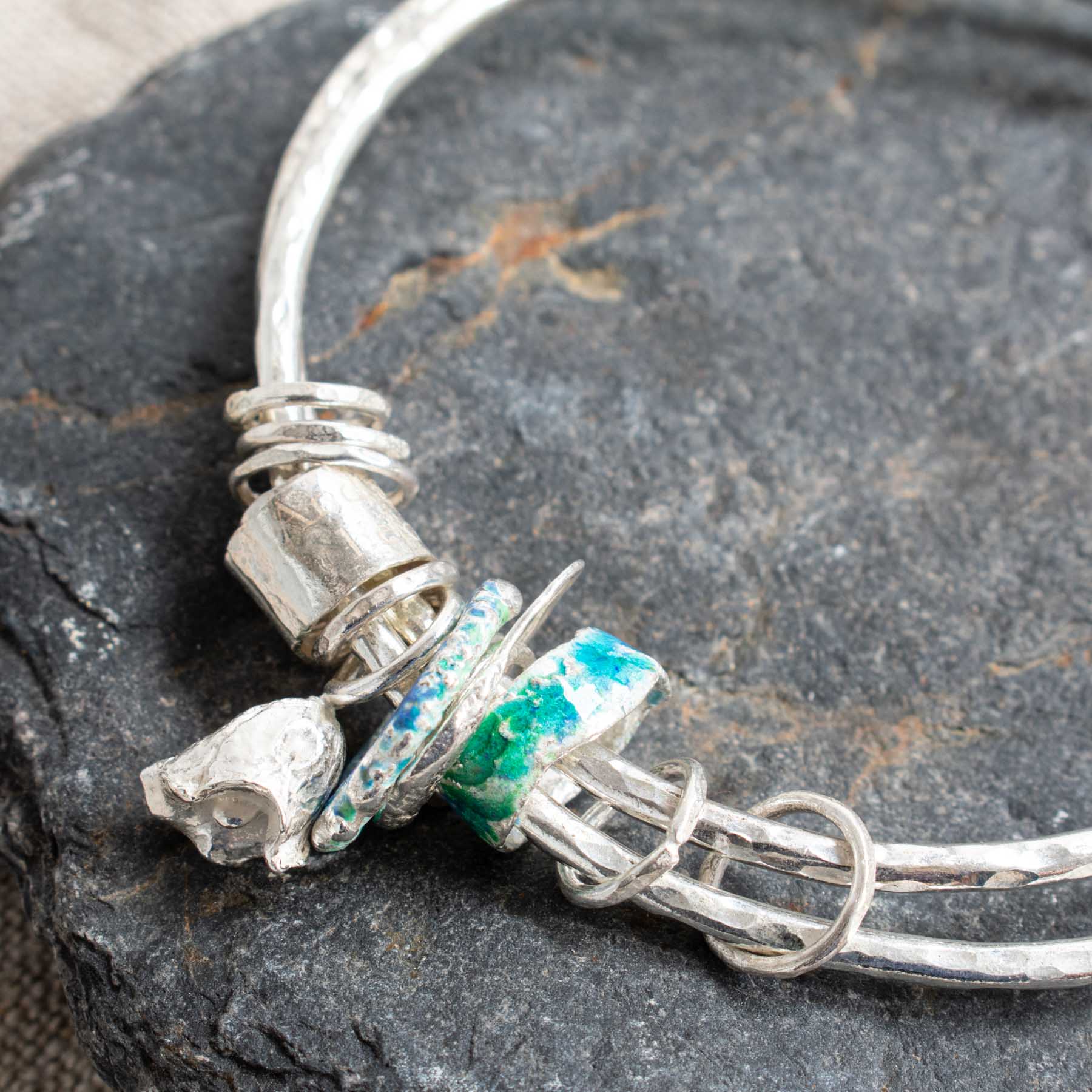 Silver & Enamel "Sea Half Held" Double Bangle