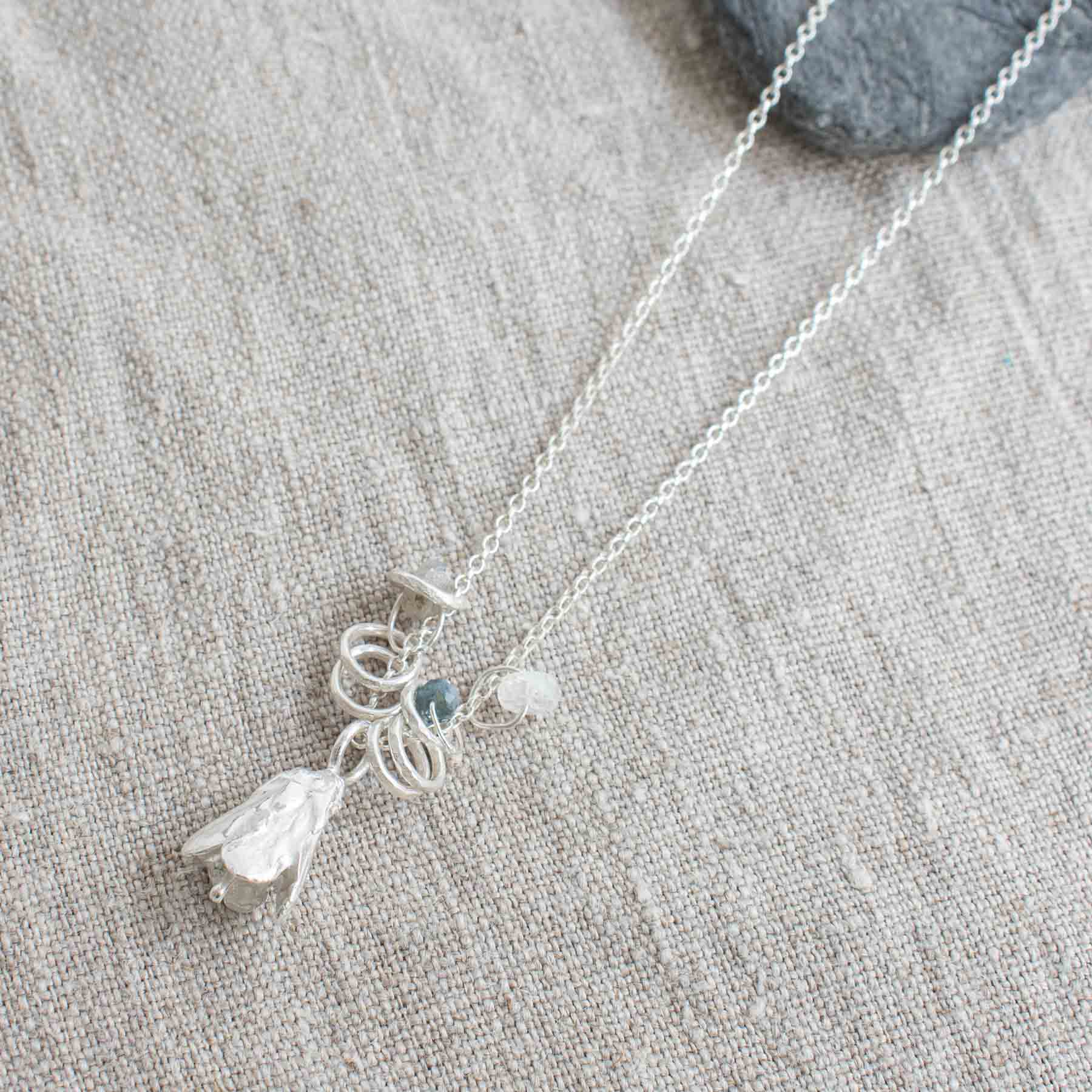Silver Long Flower Necklace with Semi-Precious Stones - Image 3