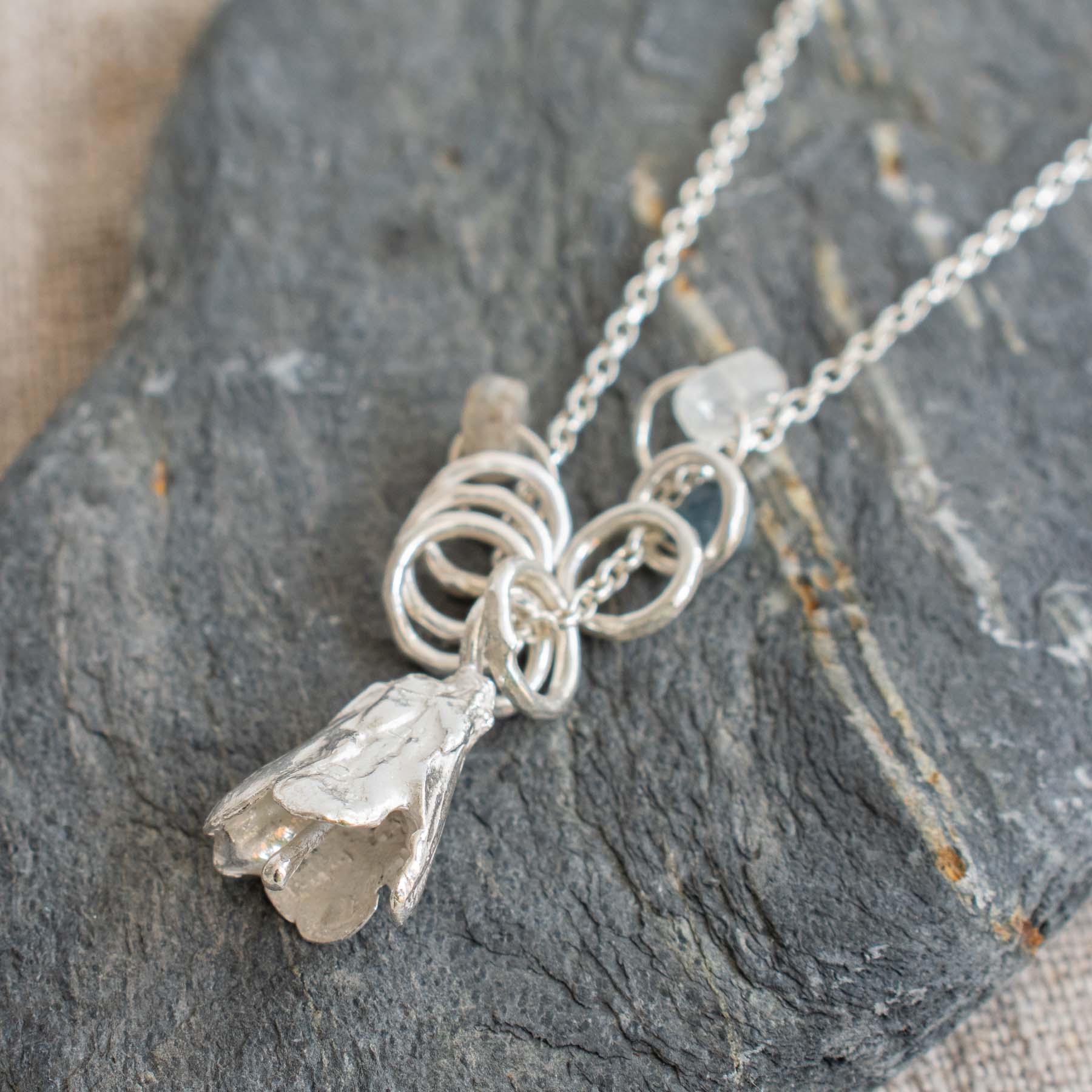 Silver Long Flower Necklace with Semi-Precious Stones