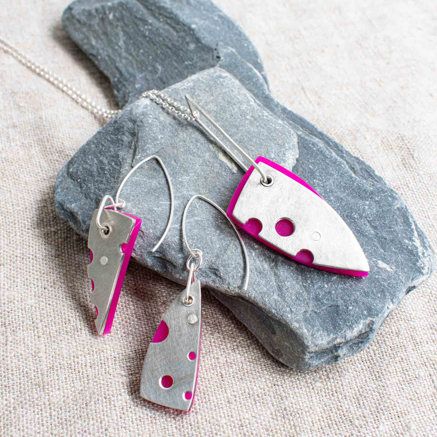 Pink Acrylic and Pewter Irregular Earrings - Image 3
