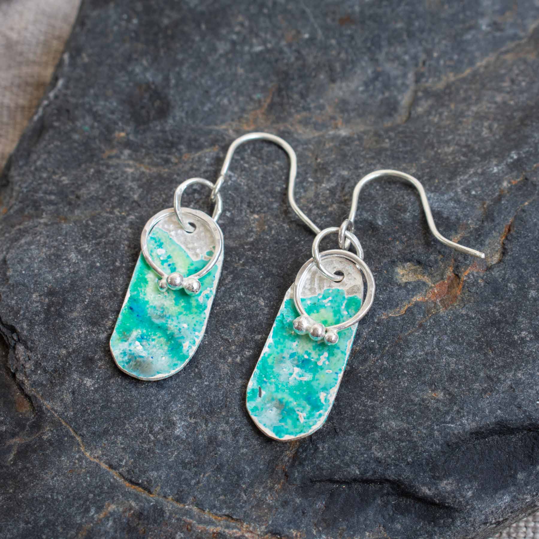 Silver & Green Enamel Oval Drop Earrings - Image 2