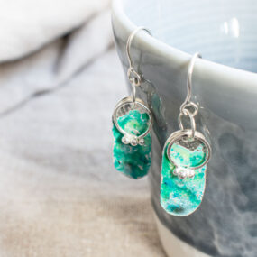 Silver & Green Enamel Oval Drop Earrings