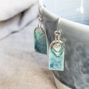 Silver & Pale Blue Enamel Long Arch Drop Earrings