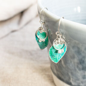 Silver & Aqua Enamel Diamond Drop Earrings