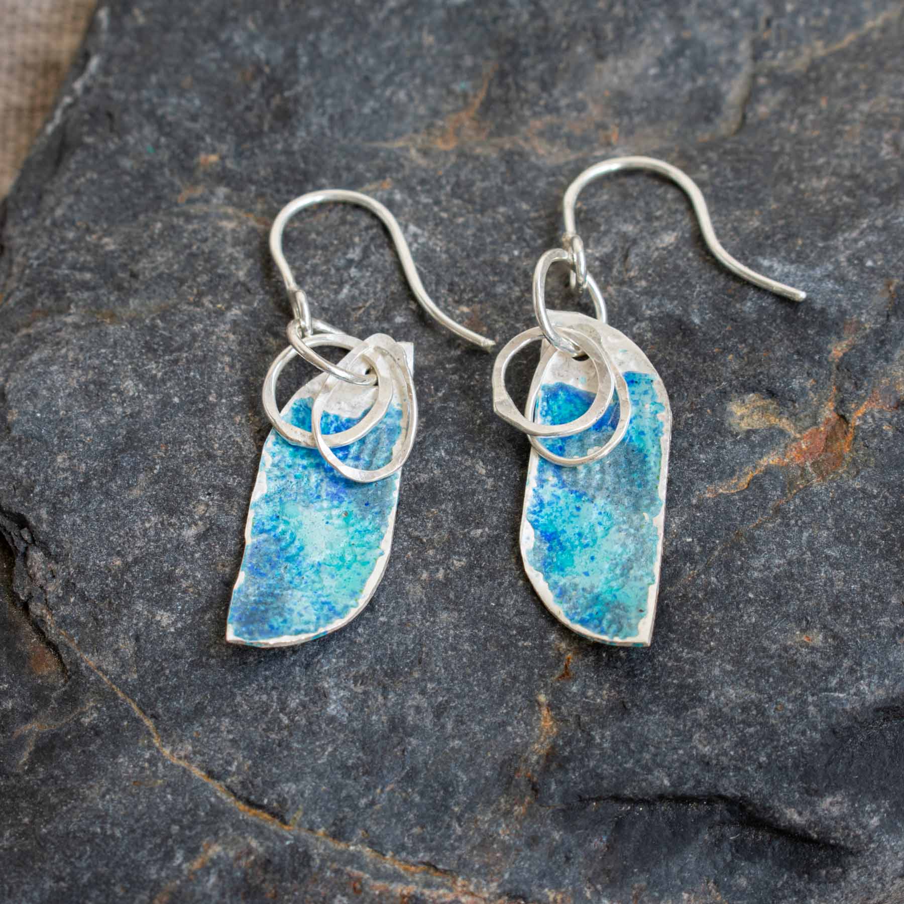 Silver & Grey Blue Enamel Fishtail Drop Earrings - Image 2