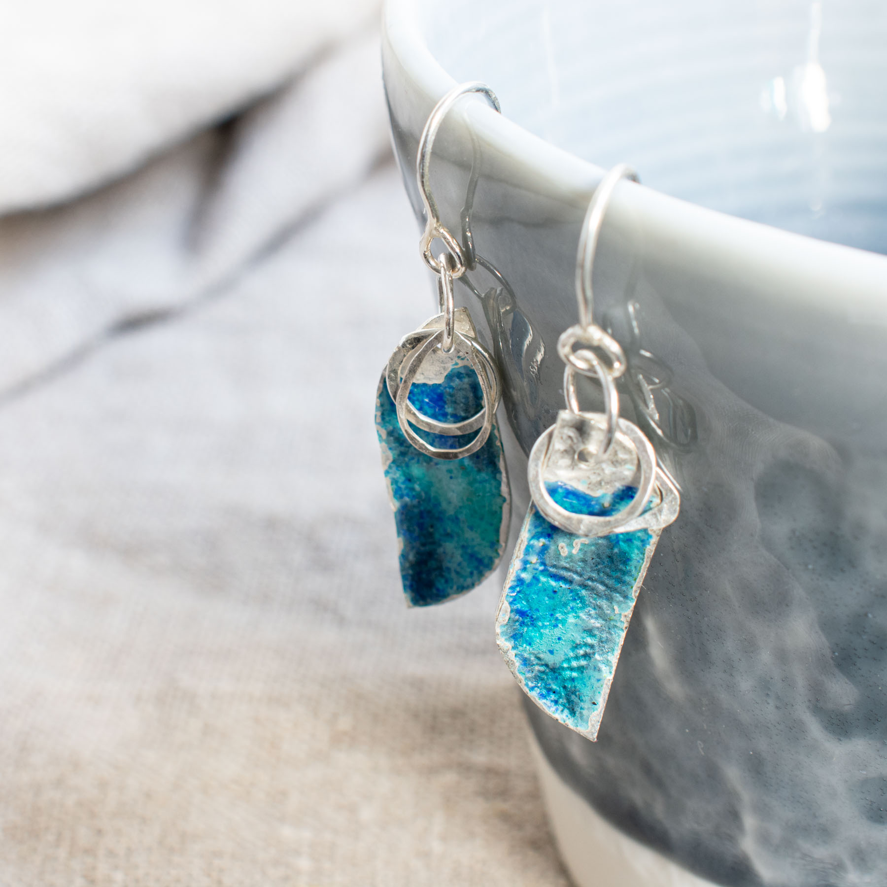 Silver & Grey Blue Enamel Fishtail Drop Earrings