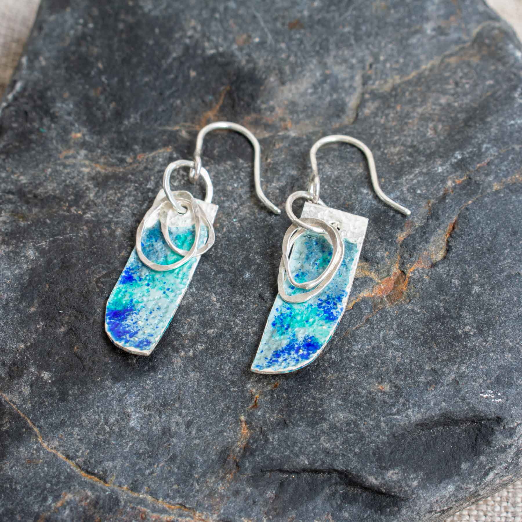 Silver & Dark Blue Enamel Angle Drop Earrings - Image 2