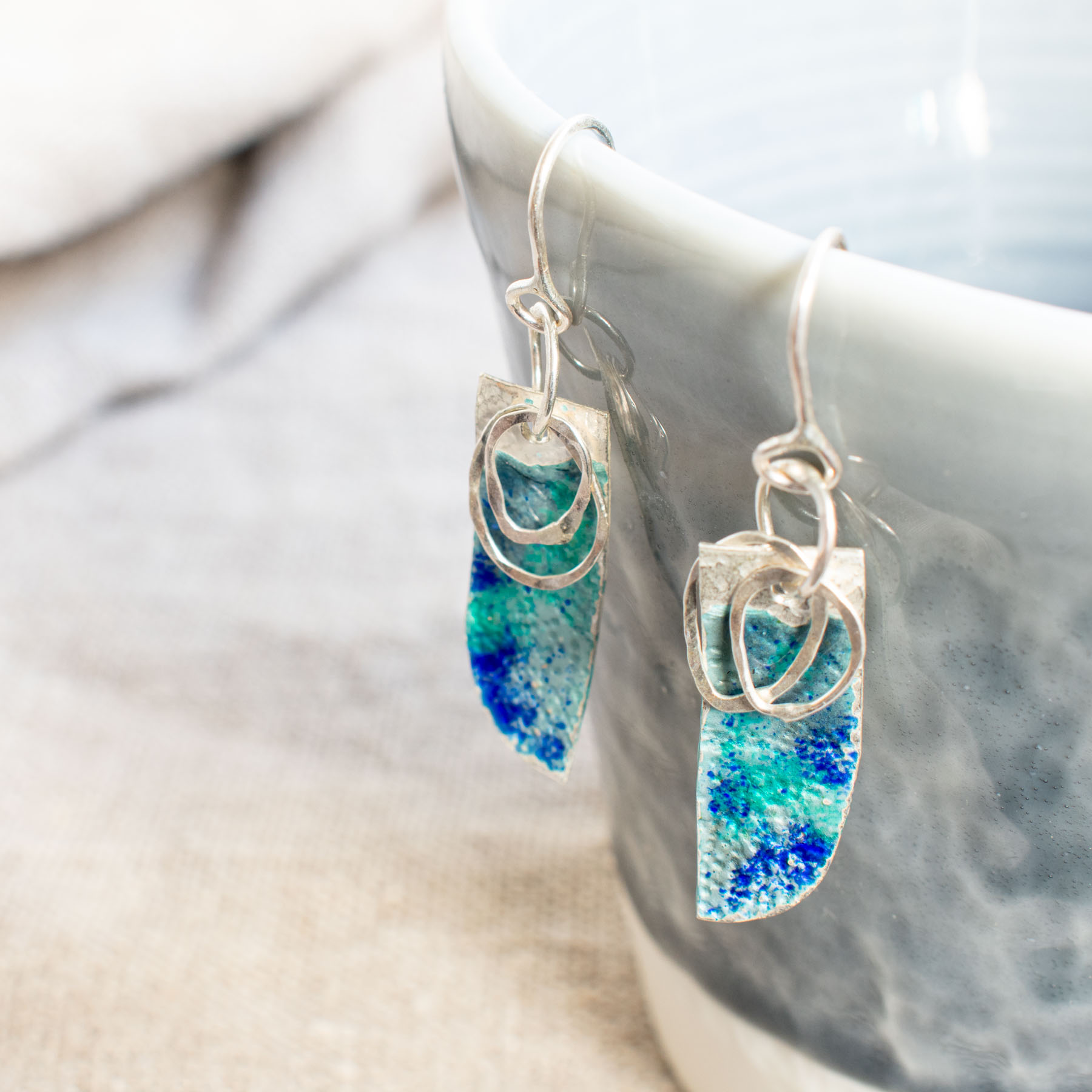 Silver & Dark Blue Enamel Angle Drop Earrings