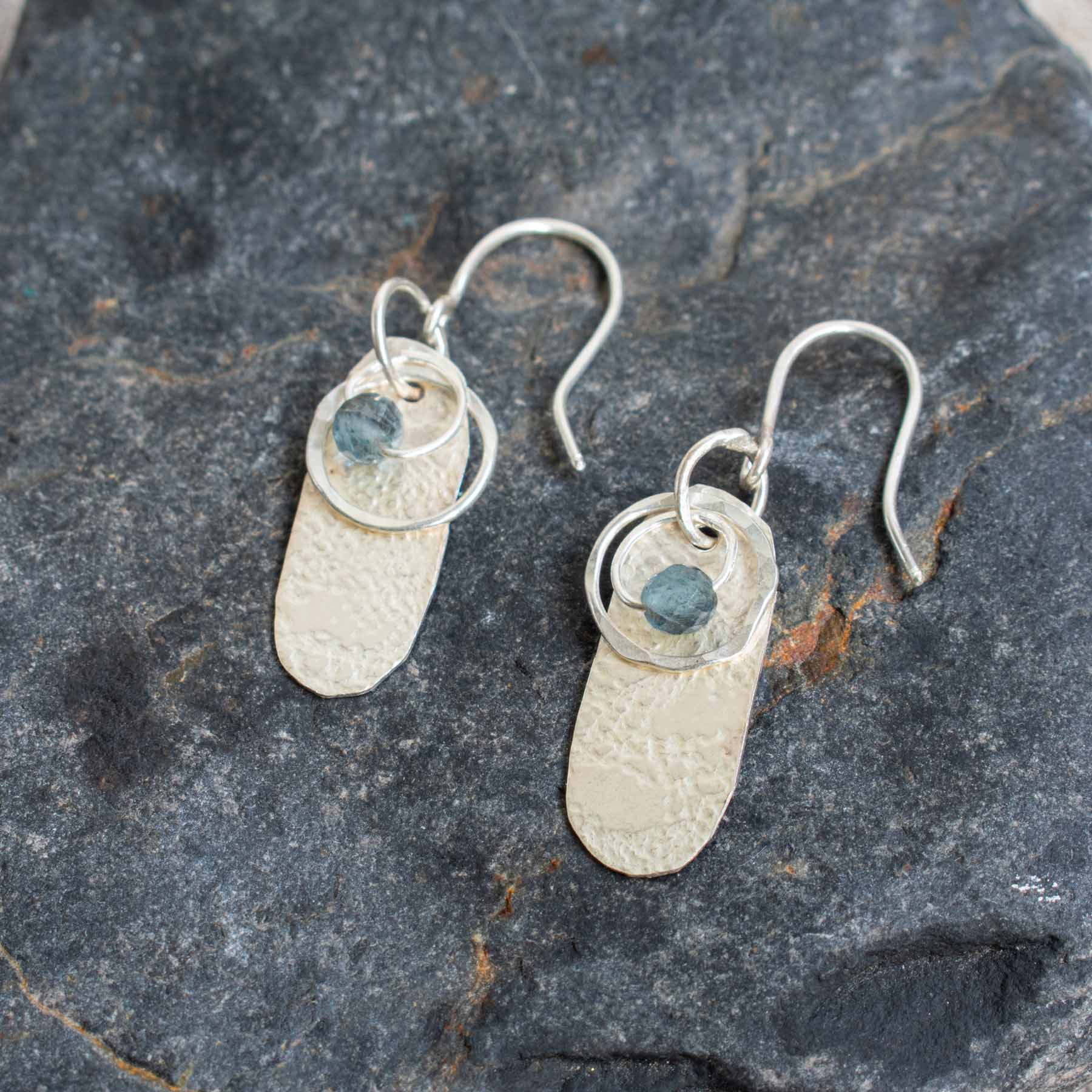Silver Textured Drop Earrings with Aquamarine - Image 2