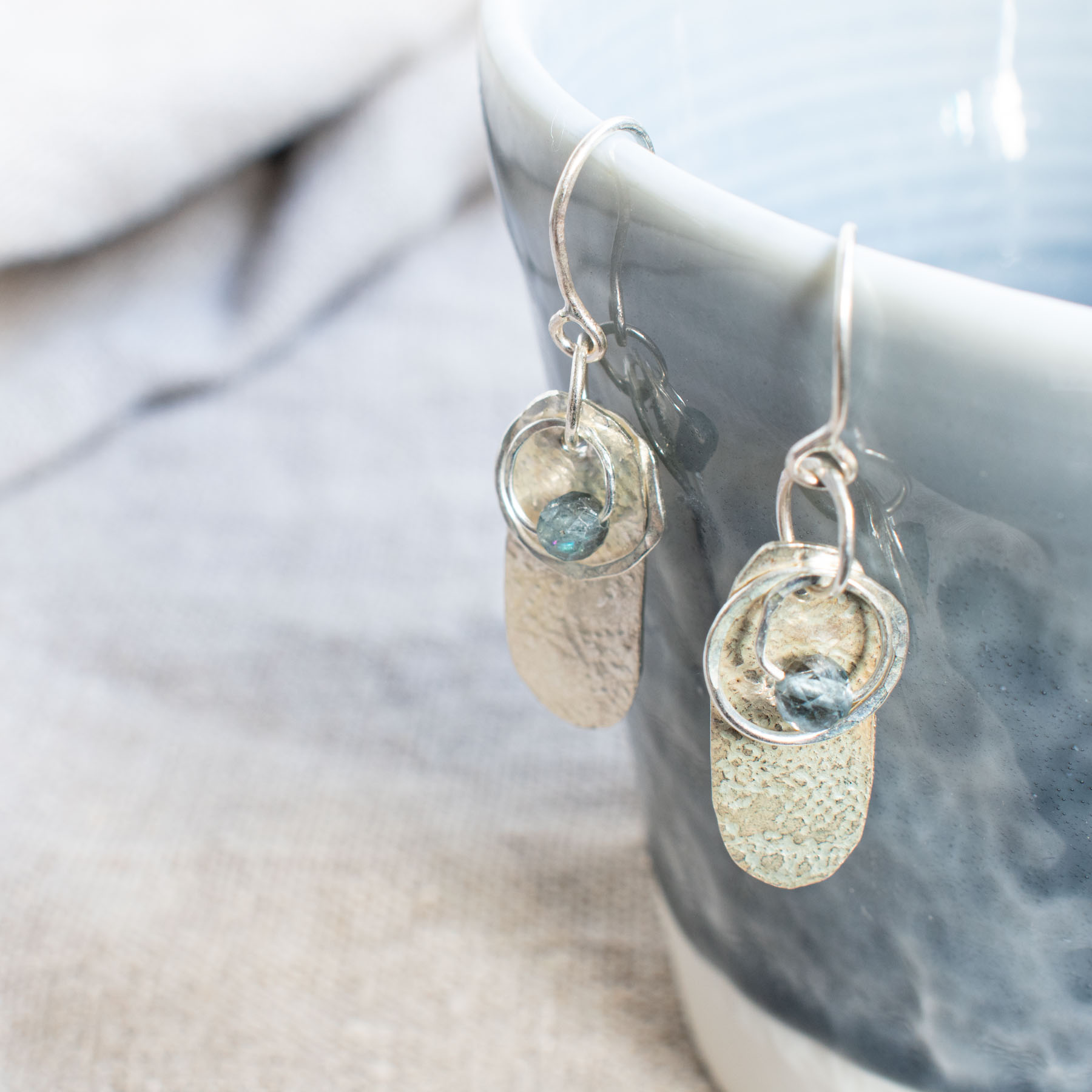 Silver Textured Drop Earrings with Aquamarine